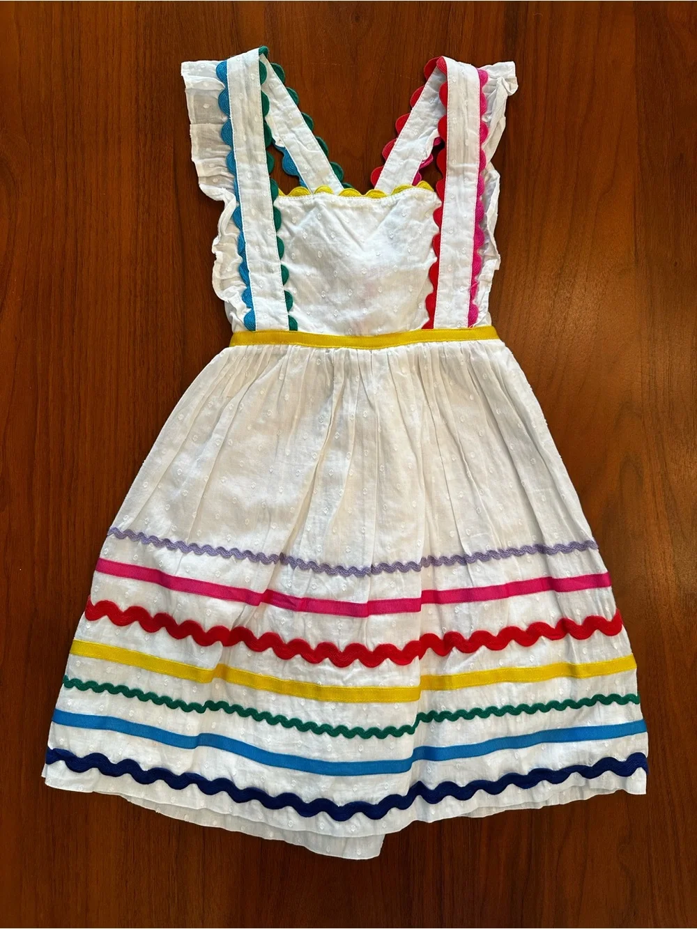 Mini Boden White Pinafore jumper with Rainbow Ric-Rac Trim size 4-5